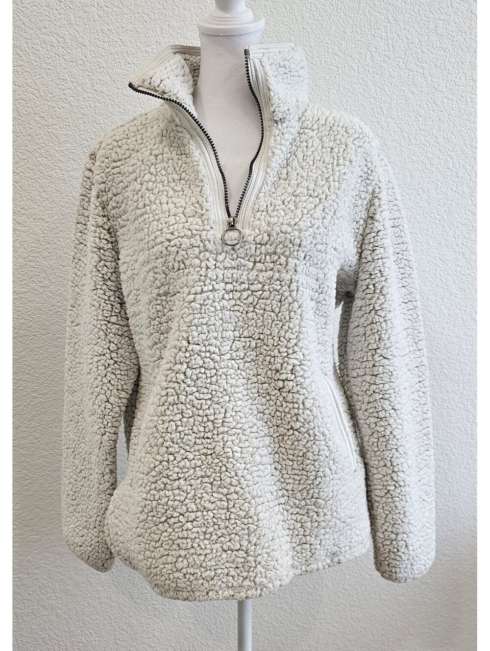 Cozy Sherpa Womens White 1/4 Zip Faux Fur Pullover Sherpa Top Jacket Size M
